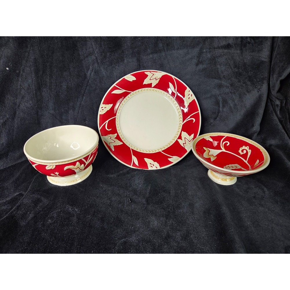 Fitz & Floyd Town And Country Collection Lot Footed Bowl Plate Cereal Bowl Red